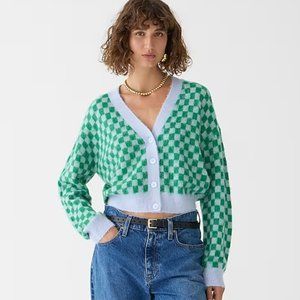 J. Crew Checkered V-neck cardigan sweater in brushed yarn